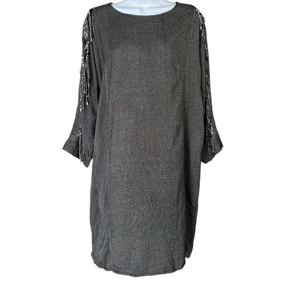 No. 6 Store Grey Midi Shift Dress Women's 1/ Small Fringe 3/4 Sleeve Boho Career - Picture 1 of 7